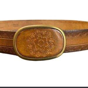 Vintage American Eagle Leather Belt Buckle Floral Brown Western Boho Hippie Med